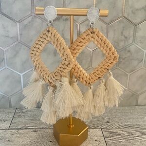 Woven Large Tassel Earrings in Cream and Tan